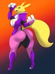  2016 anthro areola big_butt black_sclera breasts butt clothed clothing digimon female fur hi_res renamon simple_background solo thecon tongue tongue_out yellow_fur 