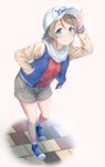  arm_up baseball_cap blue_eyes blush brown_hair character_name closed_mouth eyebrows_visible_through_hair hand_in_pocket hat headwear_writing highres jacket letterman_jacket looking_at_viewer love_live! love_live!_sunshine!! rama_(yu-light8) shoes shorts smile sneakers solo watanabe_you white_hat 