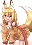  ahoge animal_ears bangs bare_shoulders blonde_hair brown_eyes clenched_hands collarbone cowboy_shot dress eyebrows_visible_through_hair fang fox_ears fox_girl fox_tail gradient gradient_background highres horokusa_(korai) korai_(horokusa) leaning_forward long_hair long_sleeves looking_at_viewer open_mouth original solo tail wide_sleeves 