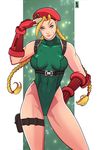 abs antenna_hair beret braid breasts cammy_white contrapposto eyebrows fingerless_gloves gloves green_leotard hand_on_hip harness hat highleg highleg_leotard highres leotard long_hair medium_breasts ram_(ram80) red_gloves salute scar solo standing street_fighter street_fighter_v thigh_pouch thighs twin_braids 