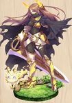  armor asymmetrical_clothes belt bodysuit boots brown_hair cloak creature face_mask flower_knight_girl high_heels horns kirinsou_(flower_knight_girl) long_hair mask mizunashi_(second_run) purple_eyes single_thighhigh skin_tight sword thigh_boots thighhighs weapon 