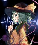  binan_xian_lu black_hat blood blood_on_face bloody_clothes bloody_knife blush breasts eyebrows_visible_through_hair green_eyes green_hair hat heart holding holding_knife holding_weapon knife komeiji_koishi lifeline looking_at_viewer medium_breasts parted_lips short_hair smile solo third_eye touhou upper_body weapon 