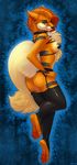  2016 5_fingers abstract_background anthro big_breasts biped black_fur black_nose blue_eyes breasts butt canine chest_tuft clothing collar digitigrade ears_back eyebrows eyelashes female full-length_portrait fur growlithe hair hand_on_hip humanoid_hands inner_ear_fluff kyma legwear looking_at_viewer mammal multicolored_fur nintendo nipple_tape orange_fur orange_hair pasties pawpads pinup pok&eacute;mon portrait pose raised_tail side_boob side_view signature smile snout socks solo standing stockings tape tuft video_games white_fur 