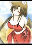  1girl animal_ears artist_request beach bikini breasts brown_hair cleavage collarbone fang grin imaizumi_kagerou inner_tube large_breasts long_hair looking_at_viewer open_mouth red_eyes shoulders skirt tail touhou very_long_hair wolf_ears wolf_tail 