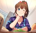  apron blue_eyes blush bow breasts brown_hair cleavage closed_mouth collarbone eyebrows_visible_through_hair food hair_bow hand_on_own_chin idolmaster idolmaster_million_live! kamille_(vcx68) looking_at_viewer medium_breasts one_eye_closed plate polka_dot polka_dot_apron purple_shirt red_bow satake_minako shirt short_hair short_ponytail sitting sleeves_rolled_up smile solo upper_body 