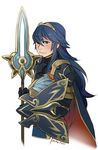  alternate_costume armor artist_request blue_eyes blue_hair commentary fire_emblem fire_emblem_heroes holding holding_weapon lucina polearm smile solo spear weapon 