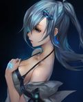  aqua_hair bare_shoulders blue_hair breasts cleavage earrings hair_ornament hairclip hand_tattoo highres jewelry long_hair luen_kulo medium_breasts original signature solo tattoo 