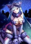  :&gt; animal_ears areola_slip areolae between_legs blush breasts brynhildr_(fate) closed_mouth commentary_request cosplay dangerous_beast elbow_gloves eyebrows_visible_through_hair eyes_visible_through_hair fate/grand_order fate/prototype fate/prototype:_fragments_of_blue_and_silver fate_(series) fox_ears fox_tail fur-trimmed_gloves fur-trimmed_legwear fur_collar fur_trim gloves hair_ornament hair_over_one_eye hand_between_legs highres kneeling lace lace-trimmed_thighhighs large_breasts long_hair looking_at_viewer mallizmora mash_kyrielight mash_kyrielight_(cosplay) night o-ring o-ring_top outdoors purple_eyes purple_gloves purple_legwear revealing_clothes silver_hair sky smile solo star_(sky) starry_sky tail thighhighs thighs tsurime very_long_hair 