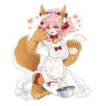  :3 @_@ animal_ears apron bell bell_collar blush breasts cleavage collar fate/grand_order fate_(series) food fox_ears fox_tail hair_ribbon heart large_breasts long_hair looking_at_viewer maid_headdress merokonbu0 naked_apron open_mouth paw_shoes paws pink_hair ribbon shoes sideboob simple_background solo tail tamamo_(fate)_(all) tamamo_cat_(fate) tamamo_no_mae_(fate) white_background yellow_eyes 