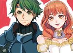  1girl alm_(fire_emblem) armor celica_(fire_emblem) fire_emblem fire_emblem_echoes:_mou_hitori_no_eiyuuou fire_emblem_gaiden green_eyes green_hair looking_at_viewer red_hair simple_background smile upper_body wavy_hair yellow_eyes 
