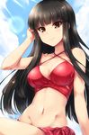  arm_at_side arm_up bangs bare_arms bare_shoulders bikini black_hair blue_sky blunt_bangs breasts brown_eyes cleavage closed_mouth cloud collarbone commentary_request criss-cross_halter day eyebrows_visible_through_hair eyelashes halterneck hand_in_hair highres idolmaster idolmaster_cinderella_girls kurokawa_chiaki lens_flare light_rays long_hair looking_at_viewer medium_breasts navel outdoors paopao red_bikini shiny shiny_hair sidelocks sitting sky smile solo stomach straight_hair strap_gap sunbeam sunlight swimsuit tsurime twitter_username 