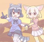  :d :o animal_ears artist_name black_bow black_gloves black_hair black_neckwear blonde_hair blue_shirt bow bowtie brown_eyes colo_(frypan_soul) commentary_request common_raccoon_(kemono_friends) dated evening eyebrows_visible_through_hair fennec_(kemono_friends) fox_ears fox_tail fur_collar gloves grey_hair highres holding_hand kemono_friends looking_at_another miniskirt mountain multiple_girls muted_color open_mouth outdoors pantyhose pink_sweater pleated_skirt pointing raccoon_ears raccoon_tail shirt short_hair short_sleeve_sweater short_sleeves skirt sky smile sweater tail white_legwear white_skirt yellow_bow yellow_gloves yellow_legwear yellow_neckwear 
