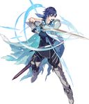  armor blue_eyes blue_hair cape ebira falchion_(fire_emblem) fire_emblem fire_emblem:_kakusei fire_emblem_heroes full_body gloves highres krom male_focus official_art open_mouth solo sword transparent_background weapon 