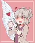  1girl arrow arrow_in_body blush buna_shimeji_(keymush) dress heart heart-shaped_pupils kishin_sagume necktie open_mouth pink_background purple_dress red_eyes short_hair silver_hair skirt solo symbol-shaped_pupils touhou wings 