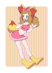  alternate_costume bad_id bad_pixiv_id blue_eyes brown_hair cosplay fennekin fennekin_(cosplay) gen_6_pokemon highres long_hair moyori pokemon pokemon_(anime) pokemon_xy_(anime) serena_(pokemon) solo striped striped_background 