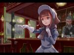  1girl bar bartender beatrice_(princess_principal) blurry blurry_background bonnet bottle brown_hair candle dress facial_hair gloves grey_dress grey_hair grey_scarf hand_on_own_neck hand_up indoors open_mouth outstretched_hand princess_principal scarf shakamuni sparkle vest white_gloves 