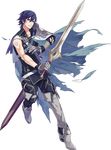  armor blue_eyes blue_hair cape ebira falchion_(fire_emblem) fire_emblem fire_emblem:_kakusei fire_emblem_heroes full_body gloves highres krom male_focus official_art open_mouth solo sword torn_clothes transparent_background weapon 