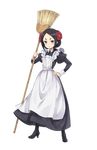  apron black_eyes black_footwear black_hair boots broom eyebrows forehead full_body hand_on_hip highres juliet_sleeves long_sleeves looking_at_viewer maid maid_apron makaria official_art princess_principal princess_principal_game_of_mission puffy_sleeves solo standing toudou_chise transparent_background 