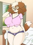  2017 anthro bailey_(boxollie) bed bedroom belly big_breasts boxollie breasts canine clothed clothing collarbone curtains digital_media_(artwork) dog eyewear female glasses green_eyes hand_on_bed inside leaves mammal midriff navel nipple_bulge panties shirt slightly_chubby solo thick_thighs underwear voluptuous wide_hips window 
