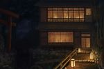  bad_revision bamboo commentary_request door downscaled_revision fantasy fence highres house lantern light md5_mismatch night no_humans original outdoors path railing road scenery signature somei_yoshinori torii window 