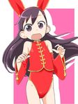  animal_ears black_hair bunny_ears bunny_girl chinese_clothes detached_sleeves fake_animal_ears flat_chest kazoku_game leotard_under_clothes long_hair looking_at_viewer open_mouth suzushiro_seri urano_mai 