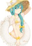  absurdres aqua_hair artist_name bikini blue_eyes bow collarbone dated dgle3370 groin hair_tie hand_on_headwear hat hat_bow highres innertube long_hair low-tied_long_hair navel original ponytail see-through solo standing straw_hat swimsuit white_bow yellow_bikini yellow_bow 