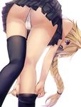  ass bangs bent_over black_legwear black_skirt blonde_hair braid cameltoe commentary_request dressing fate/apocrypha fate_(series) from_behind highres jeanne_d'arc_(fate) jeanne_d'arc_(fate)_(all) kneepits long_hair looking_back panties pleated_skirt purple_eyes satou_daiji simple_background single_braid skirt sleeveless solo standing thighhighs thighs tsurime underwear very_long_hair white_background white_panties 