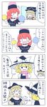  4koma black_hat black_skirt blonde_hair blush_stickers bouncing_breasts bow breasts clothes_writing comic commentary cosplay door flat_chest hat hat_bow hecatia_lapislazuli hecatia_lapislazuli_(cosplay) highres itatatata kirisame_marisa matara_okina multiple_girls off-shoulder_shirt pink_scarf polos_crown red_hair scarf shirt skirt smile sweatdrop t-shirt touhou translated white_bow witch_hat |_| 