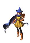  alena_(dq4) black_legwear blue_hat boots brown_eyes brown_footwear brown_hair clenched_hand closed_mouth commentary_request dragon_quest dragon_quest_iv dress earrings full_body gloves hand_on_hip hat highres jewelry jun_(seojh1029) long_hair looking_at_viewer ornate pantyhose simple_background solo standing white_background yellow_dress 
