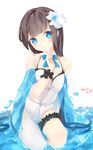  absurdres artist_name asymmetrical_legwear bare_shoulders blue_bow blue_eyes bow breasts brown_hair cleavage dated dgle3370 finger_to_mouth flower hair_flower hair_ornament hand_up highres kneeling_on_water long_hair looking_at_viewer medium_breasts original smile thigh_strap water 