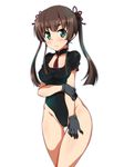  :&lt; black_gloves black_leotard brown_hair chinese_clothes covered_nipples cowboy_shot gloves green_eyes hair_ornament highres leotard looking_at_viewer original ouhashi short_eyebrows simple_background solo standing thick_eyebrows thigh_gap twintails white_background 