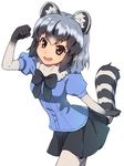  :d animal_ears black_bow black_gloves black_hair black_neckwear black_skirt blue_shirt bow bowtie brown_eyes chiharu_(9654784) clenched_hand commentary_request common_raccoon_(kemono_friends) cowboy_shot extra_ears eyebrows_visible_through_hair fang fur_collar gloves grey_hair hand_up highres kemono_friends looking_at_viewer miniskirt open_mouth pantyhose pleated_skirt puffy_short_sleeves puffy_sleeves raccoon_ears raccoon_tail shirt short_hair short_sleeves skirt smile solo tail white_background white_legwear 