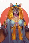  2017 5_fingers anthro arm_support armlet biped black_nose black_skin blue_clothing breasts cat chair circlet claws cleavage clothed clothing digital_media_(artwork) digital_painting_(artwork) dress egyptian egyptian_headdress eye_markings eye_of_horus eyelashes feline female front_view fully_clothed furlana gem gold_(metal) gold_clothing gold_jewelry green_sclera grey_skin hairless half-closed_eyes half-length_portrait hi_res humanoid_hands jewelry leaning_on_elbow mammal markings medium_breasts multicolored_skin necklace pearl_(gem) portrait queen red_background royalty sapphire_(gem) shawl signature simple_background sitting slit_pupils solo sphynx throne two_tone_clothing two_tone_sclera two_tone_skin whiskers white_background wrinkles yellow_claws yellow_sclera 