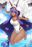  animal_ears bangs bare_legs barefoot blue_sky bracelet breasts closed_mouth cloud collarbone commentary_request covered_navel dark_skin day earrings egyptian facial_mark fate_(series) full_body gijang hair_between_eyes hairband highres holding hoop_earrings jackal_ears jewelry jumping long_hair looking_at_viewer low-tied_long_hair medium_breasts necklace nitocris_(fate/grand_order) nitocris_(swimsuit_assassin)_(fate) outdoors purple_eyes purple_hair sky smile solo swimsuit very_long_hair water white_swimsuit 