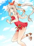  bangs bare_arms bare_legs bare_shoulders blue_sky blunt_bangs blush bow bracelet breasts brown_footwear casual_one-piece_swimsuit closed_mouth cloud cloudy_sky commentary_request crab_hair_ornament day dutch_angle eyebrows_visible_through_hair eyes_visible_through_hair fate/grand_order fate_(series) frilled_swimsuit frills from_side halterneck hands_up high_heels highres jewelry leg_up light_brown_hair light_smile long_hair looking_at_viewer looking_to_the_side marie_antoinette_(fate/grand_order) marie_antoinette_(swimsuit_caster)_(fate) medium_breasts multicolored_bow one-piece_swimsuit open_toe_shoes outdoors parted_bangs red_swimsuit sandals sasaki_kuro seashell_hair_ornament shoes sidelocks sky solo standing standing_on_one_leg starfish_hair_ornament striped striped_bow swimsuit twintails very_long_hair wedge_heels 