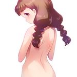  arisugawa_himari back braid brown_eyes brown_hair from_behind highres kirakira_precure_a_la_mode long_hair looking_at_viewer looking_back nude precure sayousuke simple_background solo twin_braids twintails white_background 