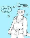  &lt;3 ali_(mittensmcgee) anthro big_breasts blue_background breasts cat cleavage clothed clothing english_text feline female frown holidays low_res mammal mittensmcgee no_irises pawpads simple_background slightly_chubby solo text valentine&#039;s_day 