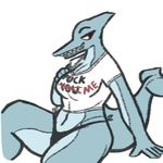  anthro breasts cetacean cleavage clothed clothing dolphin english_text female grin hand_on_breast mammal marine midriff mittensmcgee red_eyes sharp_teeth shirt simple_background smile solo teeth text white_background 