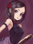  armband armpits bare_shoulders black_hair blue_eyes breasts covered_nipples flower hair_flower hair_ornament highres katana looking_at_viewer miki_nezumi open_mouth princess_principal small_breasts solo standing sword toudou_chise weapon 