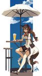  alcohol animal_ears bag bangs bare_shoulders beer between_legs black_skirt blue_sky bracelet braid breasts brown_eyes brown_hair closed_mouth cloud commentary_request cup day dot_nose dress drinking_glass hair_between_eyes hand_between_legs hand_on_table jewelry lansane long_hair looking_at_viewer medium_breasts original outdoors parasol sandals shoulder_bag signature sitting skirt sky smile solo stool table tail tsana_(lansane) umbrella white_dress wolf_ears wolf_tail wristband 
