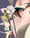  braid breasts cleavage_cutout commentary_request from_below highres kantai_collection large_breasts long_hair miniskirt mtu_(orewamuzituda) multiple_views navel panties purple_background simple_background single_braid skirt stomach thighhighs underwear unryuu_(kantai_collection) very_long_hair white_hair yellow_eyes 