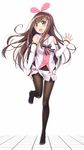  a.i._channel aqua_eyes arm_warmers bangs black_legwear blush bow brown_hair commentary crotch_seam detached_sleeves eyebrows_visible_through_hair floating_hair full_body gurande_(g-size) hair_bow hairband highres kizuna_ai long_hair looking_at_viewer multicolored_hair open_mouth pantyhose pink_bow pink_hair sailor_collar short_shorts shorts sidelocks smile solo standing standing_on_one_leg streaked_hair tareme vest white_shorts 