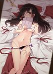  1girl bare_legs bed_sheet black_hair book bow breasts covering_mouth detached_sleeves from_above gap hair_bow hair_tubes hakurei_reimu highres holding holding_book long_hair looking_at_viewer lying medium_breasts navel on_back panties panty_pull pillow pulled_by_self red_bow red_skirt sarashi side-tie_panties skirt skirt_removed solo touhou underwear white_panties yutaka_saki_shu 