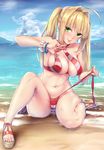  :p absurdres arm_up bangs bare_legs beach bead_bracelet beads bikini blue_sky blush bracelet breasts cleavage closed_mouth cloud cloudy_sky commentary_request criss-cross_halter day eyebrows_visible_through_hair fate/grand_order fate_(series) green_eyes hair_intakes halter_top halterneck highres jewelry knee_up kurofude_anastasia large_breasts long_hair looking_at_viewer navel nero_claudius_(fate)_(all) nero_claudius_(swimsuit_caster)_(fate) ocean outdoors red_bikini revision sandals sidelocks sitting sky smile solo striped striped_bikini swimsuit thighs tongue tongue_out tsurime twintails v 