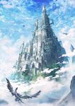  arch architecture blue_sky bridge castle cloud cloudy_sky commentary_request day dragon flying fog gothic_architecture graphite_(medium) highres mitsuki_(yu_hsiang_yi) mountain no_humans outdoors scenery sky traditional_media 