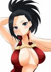  arm_up armpits bangs bare_arms bare_shoulders black_eyes black_hair blush boku_no_hero_academia breasts breasts_apart center_opening fujitsubo_(hujitubo0731) halterneck hand_behind_head hand_on_own_neck hand_up head_tilt high_ponytail highres impossible_clothes impossible_leotard large_breasts leotard looking_at_viewer medium_hair parted_lips ponytail red_leotard simple_background solo turtleneck upper_body white_background wide_ponytail yaoyorozu_momo 