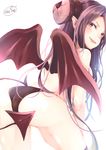  ass black_panties chita_(ketchup) cowboy_shot demon_girl demon_tail demon_wings evil_smile fang from_behind highres horns imp leaning_forward long_hair looking_at_viewer looking_back open_mouth original panties pointy_ears purple_eyes purple_hair signature simple_background smile solo tail topless twitter_username underwear underwear_only white_background wings 