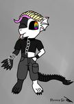  anthro black_and_white black_sclera blonde_hair broken_chain chain clothing collar dragon dual_persona duality duality448 ear_piercing fur hair monochrome one_eye_closed phoenix_cat piercing pink_hair purple_eyes rainbow_eye scaily slit_pupils tattoo tongue tongue_piercing tongue_split wink xenomorph_tail 