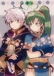  1girl blush breasts cape dress earrings fire_emblem fire_emblem:_kakusei fire_emblem:_rekka_no_ken fire_emblem_musou gloves green_eyes green_hair high_ponytail highres hood jewelry kiriya_(552260) long_hair lyndis_(fire_emblem) male_my_unit_(fire_emblem:_kakusei) medium_breasts my_unit_(fire_emblem:_kakusei) ponytail short_hair smile very_long_hair weapon white_hair 