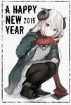  1girl 2019 bangs black_footwear black_legwear commentary_request curled_horns eyebrows_visible_through_hair fringe_trim full_body fur-trimmed_boots fur_trim green_eyes green_jacket hair_between_eyes hand_up happy_new_year hasunokaeru highres horns jacket long_hair long_sleeves looking_at_viewer new_year open_clothes open_jacket original pantyhose parted_lips pleated_skirt red_scarf scarf skirt smile solo squatting very_long_hair white_hair white_skirt 
